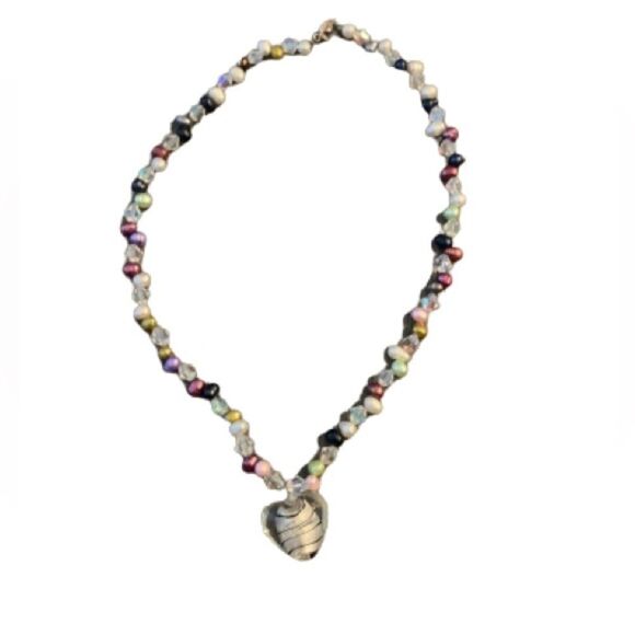 Teng Yue Art Glass Heart Necklace - Freshwater Pearls, Handmade, Gift-Ready - Picture 6 of 12